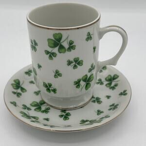 Lefton China 08001 Tea Cup & Saucer Shamrock Clover Pattern Rare Hand Painted